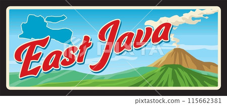 East Java province or region in Indonesia, Indonesian territory. Vector travel plate, vintage tin sign, retro welcoming postcard design. Old plaque with map and volcanoes with smoke 115662381