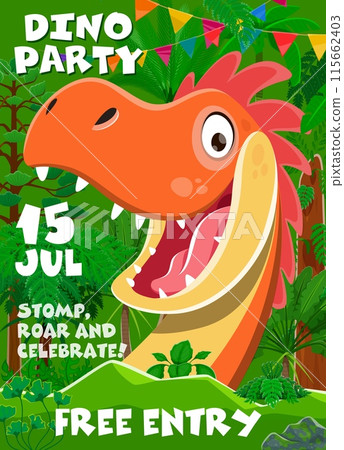 Kids birthday dino party invitation flyer with cute funny dinosaur. Vector vivid banner with cheerful smiling cartoon reptile amid a jungle backdrop with decorative bunting Invite for fun celebration 115662403