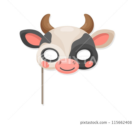 Cow mask for carnival or birthday festival party face, cartoon vector props. Funny cow animal muzzle mask on stick for kids birthday or masquerade event and happy zoo animal face costume 115662408