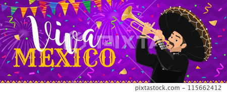 Viva Mexico banner with mariachi musician, fireworks and holiday flags. Vector mexican music festival cartoon man musician character in sombrero playing trumpet with festive confetti and bunting 115662412
