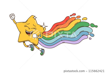 Cartoon groovy space star character. Isolated vector retro style falling comet personage with sparkles and colorful rainbow trail, spreading joy across the night sky. Yellow funky shooting twinkle Cartoon groovy space star character. Isolated vector retro style falling comet personage with sparkles and colorful rainbow trail, spreading joy across the night sky. Yellow funky shooting twinkle 115662421
