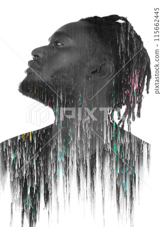 A double exposure glitch profile portrait of a young man looking up A double exposure glitch profile portrait of a young man looking up 115662445