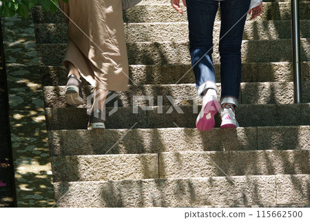 Woman climbing stone steps 115662500