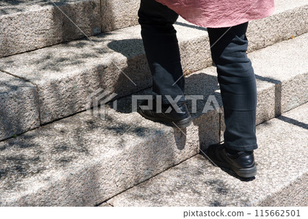 Woman climbing stone steps Woman climbing stone steps 115662501