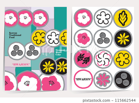 Vector template illustration set of Korean Traditional Food, Hwajeon. Steamed Rice Cakes Decorated with Flower Petals and Various Ingredients 115662544