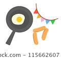 Fried egg, frying pan, sausage, garland illustration set 115662607