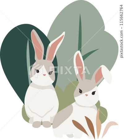 two Rabbits and bushes and trees on transparent background, isolated elements vector two Rabbits and bushes and trees on transparent background, isolated elements vector 115662764