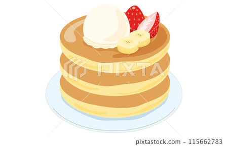 Pancakes topped with ice cream and fruit Pancakes topped with ice cream and fruit 115662783