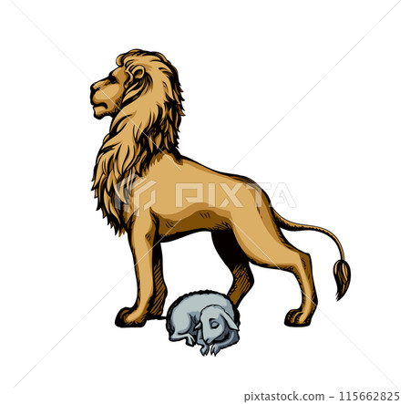Vector drawing. Lion and lamb walks together Vector drawing. Lion and lamb walks together 115662825