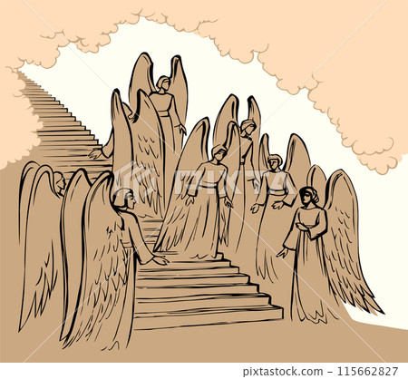 Vector drawing. Angels on the stairs leading to heaven Vector drawing. Angels on the stairs leading to heaven 115662827