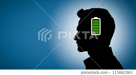 Man Silhouette with Full Battery Charge Icon on Head on Blue Gradient Background. Energy Concept with Charged Battery Symbol Over human Outline in Blue Tones Man Silhouette with Full Battery Charge Icon on Head on Blue Gradient Background. Energy Concept with Charged Battery Symbol Over human Outline in Blue Tones 115662861