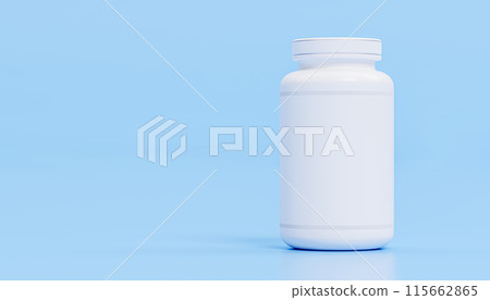 Blank white vitamin bottle mockup on blue background, for label design mockup, health supplement packaging, minimalist nutrition container, editable wellness product template 115662865