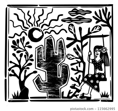 Brazilian northeast cordel style. Girl swinging on a swing. Woodcut illustration Brazilian northeast cordel style. Girl swinging on a swing. Woodcut illustration 115662995