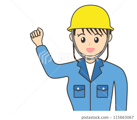 Illustration of a smiling female worker wearing work clothes and a helmet posing with a fist 115663067