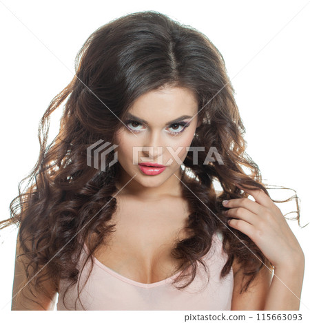 Glamorous fashion model with perfect clear skin, long curly hairstyle and make-up Glamorous fashion model with perfect clear skin, long curly hairstyle and make-up 115663093