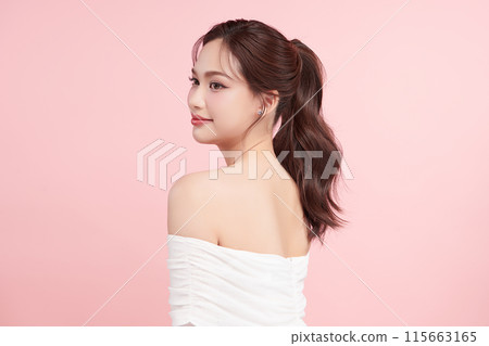 Beautiful young asian woman with clean fresh skin on pink background, Face care, Facial treatment, Cosmetology, beauty and spa, Asian women portrait. 115663165