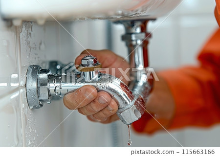 Plumbers Hands Tightening a Metal Faucet 115663166
