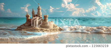 Sandcastle Built On Sandy Beach With Blue Ocean Waves 115663219