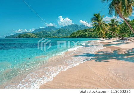 Tranquil Tropical Beach With Palm Trees and Blue Water on a Sunny Day 115663225