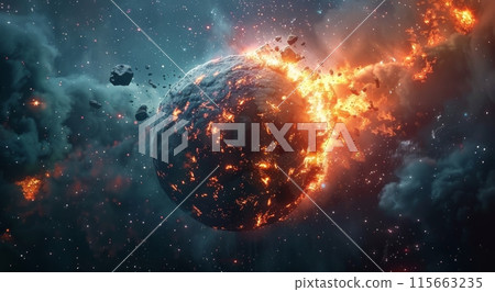 Fiery Asteroid Impact on Planet Surface With Debris Field Fiery Asteroid Impact on Planet Surface With Debris Field 115663235