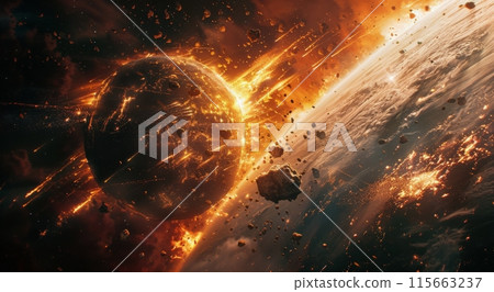 Fiery Asteroid Impact on Planet Surface With Debris Field 115663237