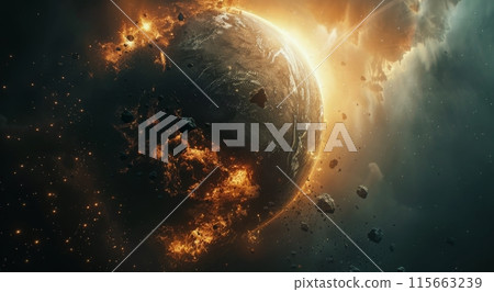 Fiery Asteroid Impact on Planet Surface With Debris Field 115663239