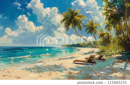 Tropical Beach Scene With Palm Trees and Loungers on a Sunny Day 115663255