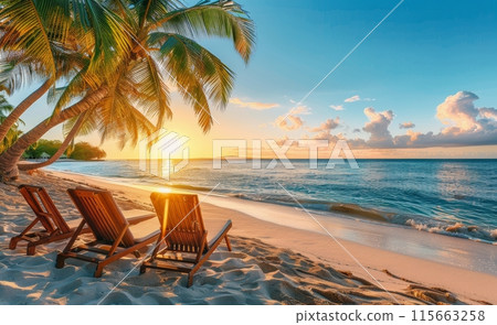 Tropical Beach Scene With Palm Trees and Loungers on a Sunny Day 115663258