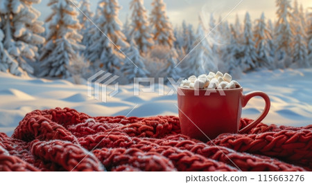 Winter Hot Chocolate With Marshmallows on a Snowy Day 115663276
