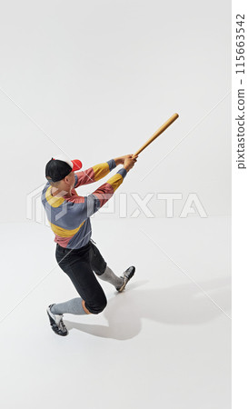 Isometric view on young guy, baseball player in motion with bat, laying, training isolated on white background. 115663542