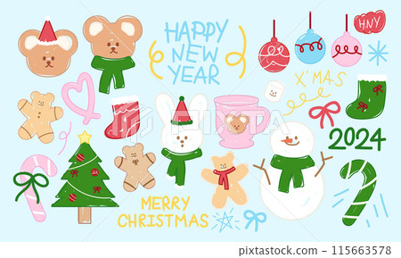 Christmas doodles of tree, Teddy Bear, Bunny, gingerbread man, ornaments, candy cane, sock, snowman for winter stickers, festive icons, cartoon character, comic, animal print, easter, zoo, kids Christmas doodles of tree, Teddy Bear, Bunny, gingerbread man, ornaments, candy cane, sock, snowman for winter stickers, festive icons, cartoon character, comic, animal print, easter, zoo, kids 115663578