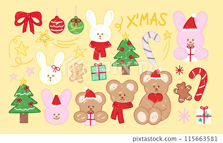 Christmas doodles such as tree, Teddy Bear, Bunny, gift box, gingerbread man, ornaments, candy cane, ribbon for winter stickers, festive icons, cartoon character, comic, animal print, easter, zoo, kid 115663581