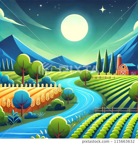 Summer evening landscape with fields, mountains and rivers Summer evening landscape with fields, mountains and rivers 115663632