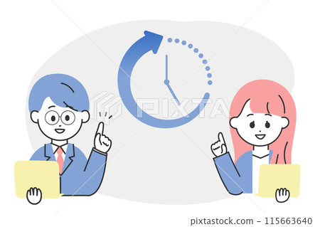 Illustration of a man and woman in a suit who are good at saving time and improving efficiency Illustration of a man and woman in a suit who are good at saving time and improving efficiency 115663640