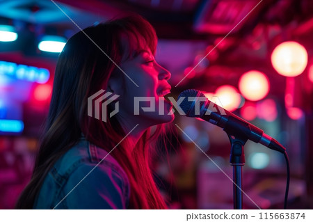 Singer performing passionately in neon lit bar, microphone in hand, vibrant colors Singer performing passionately in neon lit bar, microphone in hand, vibrant colors 115663874