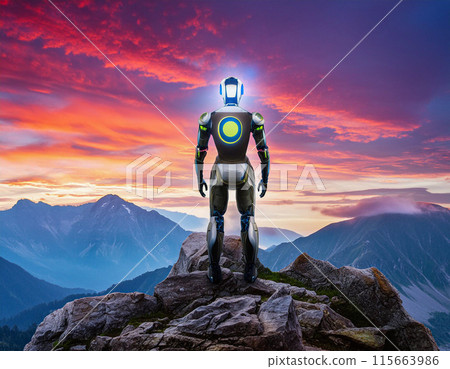 Robot in the top of the mountain with beautiful colorful sky Robot in the top of the mountain with beautiful colorful sky 115663986