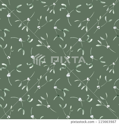 Seamless pattern with Christmas traditional watercolor mistletoe isolated on white background. Hand painted plant illustration for winter holidays design. New years white berry branch with green leaf Seamless pattern with Christmas traditional watercolor mistletoe isolated on white background. Hand painted plant illustration for winter holidays design. New years white berry branch with green leaf 115663987