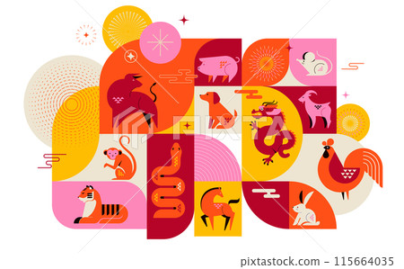 Chinese horoscope zodiac concept design, poster, banner. Geometric minimalist style. Animals symbols 115664035