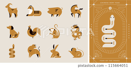 Golden Chinese horoscope zodiac collection, geometric minimalist style. Animals symbols of Chinese 115664051