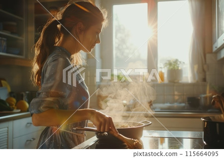 Person cooking at home in a sunny kitchen 115664095