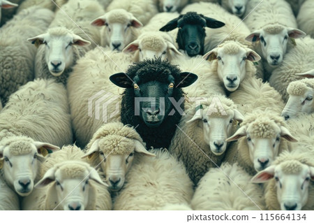 Black sheep standing out among white sheep 115664134