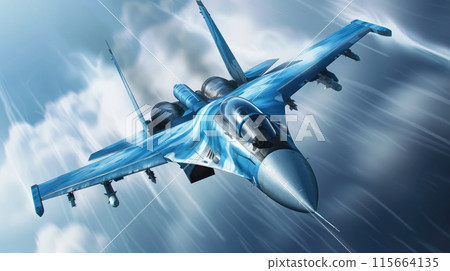 Jet fighter soaring in the sky with acceleration 115664135