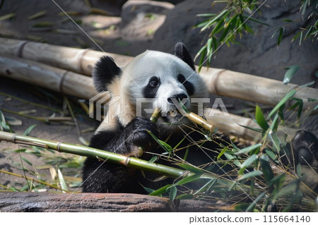 A panda chewing on bamboo A panda chewing on bamboo 115664140