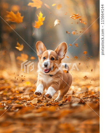 Cute small welsh corgi pembroke puppy running outdoor in autumn field. Happy smiling dog. Funny pet 115664144