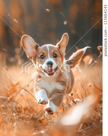 Cute small welsh corgi pembroke puppy running outdoor in autumn field. Happy smiling dog. Funny pet 115664145