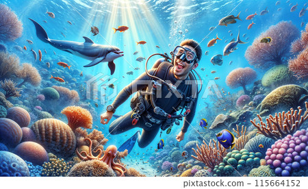 An excited scuba diver exploring vibrant coral reefs underwater, surrounded by colorful marine life 115664152