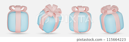 3d gift boxes set with pink ribbon bow isolated on a white background. 3d render flying modern holiday closed surprise box. Realistic vector icon for present, birthday banners 3d gift boxes set with pink ribbon bow isolated on a white background. 3d render flying modern holiday closed surprise box. Realistic vector icon for present, birthday banners 115664223