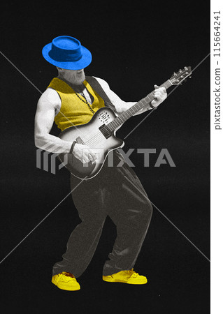 Contemporary art collage. Golden guitar of musician in this artwork pop brilliantly against black and red background, creating dynamic visual contrast. Poster for art events. 115664241