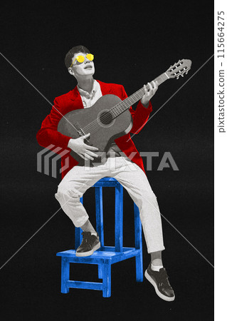 Contemporary art collage. Poster for art events. Young guitarist in monochrome filter playing acoustic guitar against black background. Contemporary art collage. Poster for art events. Young guitarist in monochrome filter playing acoustic guitar against black background. 115664275