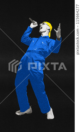 Contemporary art collage. Poster for art events. Talented singer, singing to mic against black background. textured filter effect. Contemporary art collage. Poster for art events. Talented singer, singing to mic against black background. textured filter effect. 115664277